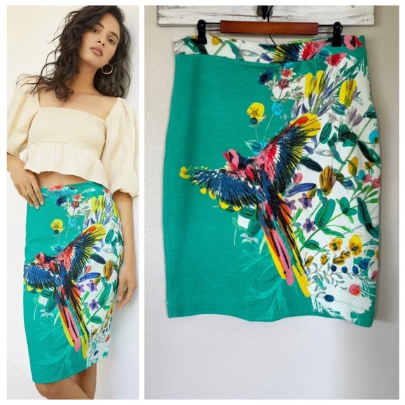 ANTHROPOLOGIE MAEVE Slim Knit Mini Skirt • Rainbow Colorful Tropical Bird - Picture 2 of 9